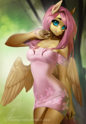 Size: 629x900 | Tagged: safe, artist:chillilemonade, fluttershy, pegasus, anthro, g4, beautiful, breasts, clothes, cute, digital art, dress, female, looking at you, mare, patreon, patreon reward, shoulderless, shyabetes, signature, smiling, solo, spread wings, wings