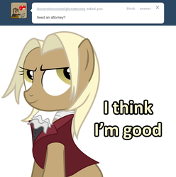 Size: 1280x1291 | Tagged: safe, artist:sintakhra, mjölna, earth pony, pony, ask sandy pony, g4, ace attorney, ask, clothes, cosplay, costume, female, mare, miles edgeworth, phoenix wright, solo, tumblr