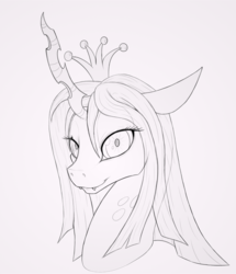 Size: 776x902 | Tagged: source needed, safe, artist:waffleberry, queen chrysalis, changeling, changeling queen, g4, female, looking at you, monochrome, simple background, smiling, solo