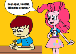 Size: 734x520 | Tagged: safe, artist:logan jones, pinkie pie, oc, oc:logan berry, human, equestria girls, g4, clothes, desk, drawing, female, hey andy sweetie!, loganpie, male, map, parody, pencil, straight