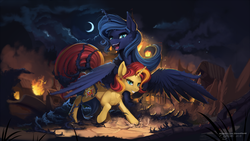 Size: 1920x1080 | Tagged: safe, artist:discordthege, princess luna, sunset shimmer, alicorn, pony, unicorn, g4, commission, crescent moon, duo, duo female, female, fire, mare, moon, nightmare luna, smiling