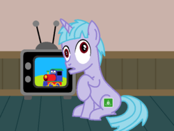 Size: 666x504 | Tagged: safe, artist:dec browne, oc, oc:baby show, earth pony, pony, colt, foal, male, sitting, solo, television, train