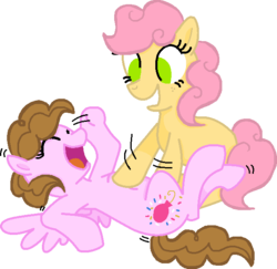 Size: 640x621 | Tagged: safe, artist:summersketch-mlp, artist:thedrksiren, oc, oc only, oc:confetti pie, oc:confetti surprise, earth pony, pegasus, pony, kindverse, base used, duo, duo female, eyes closed, female, laughing, offspring, parent:cheese sandwich, parent:pinkie pie, parents:cheesepie, simple background, smiling, tickling, transparent background