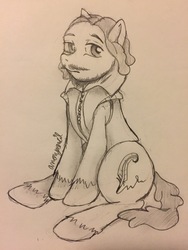 Size: 2250x3000 | Tagged: safe, artist:anonpencil, oc, oc only, earth pony, pony, beard, clothes, facial hair, fimfiction, high res, hooves, male, moustache, quill, sitting, sketch, solo, traditional art, unshorn fetlocks