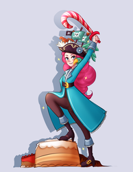 Size: 2480x3200 | Tagged: useless source url, safe, artist:liny-an, derpibooru exclusive, pinkie pie, parrot, equestria girls, equestria girls series, g4, pinkie sitting, boat, boots, cake, candy, candy cane, clothes, commissioner:imperfectxiii, costume, cute, determined, digital art, female, food, hat, high res, pinkie pirate, pirate, pirate pinkie pie, request, shoes, smiling, solo, sparkles, sparkling, sword, weapon