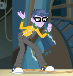 Size: 649x682 | Tagged: safe, screencap, microchips, all the world's off stage, equestria girls, equestria girls series, g4, all the world's off stage: micro chips, clothes, converse, cropped, glasses, male, pants, shoes, smiling, sneakers