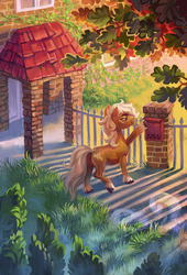 Size: 1280x1882 | Tagged: safe, artist:holivi, oc, oc only, earth pony, pony, building, commission, cottagecore, door, mailbox, male, scenery, solo, stallion
