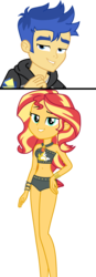 Size: 1919x5538 | Tagged: safe, artist:diegator007, artist:jucamovi1992, flash sentry, sunset shimmer, equestria girls, equestria girls series, g4, bedroom eyes, belly button, bikini, bikini bottom, bracelet, clothes, curvy, cutie mark on clothes, female, geode of empathy, high res, hourglass figure, jewelry, lidded eyes, male, midriff, ship:flashimmer, shipping, simple background, straight, sunset shimmer's beach shorts swimsuit, swimsuit, transparent background, vector, wristband