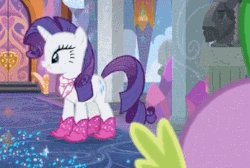 Size: 347x233 | Tagged: safe, screencap, rarity, spike, dragon, pony, unicorn, g4, the end in friend, animated, animated screencap, bandana, boots, bucking, cowboy boots, cute, daaaaaaaaaaaw, excited, female, gif, glitter, glitter boots, grin, happy, horses doing horse things, laughing, male, mare, neckerchief, open mouth, piaffe, prancing, raised hoof, raised leg, rarara, raribetes, school of friendship, shoes, smiling, solo focus, sparkles, trotting, trotting in place, winged spike, wings
