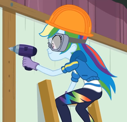Size: 750x720 | Tagged: safe, screencap, rainbow dash, constructive criticism, constructive criticism: rainbow dash, equestria girls, g4, my little pony equestria girls: better together, clothes, cropped, female, goggles, hard hat, pants, smiling