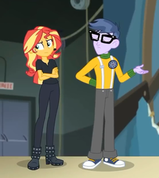 Size: 554x619 | Tagged: safe, screencap, microchips, sunset shimmer, all the world's off stage, equestria girls, equestria girls series, g4, all the world's off stage: micro chips, boots, clothes, converse, cropped, cyoa, female, glasses, male, pants, shoes, sneakers