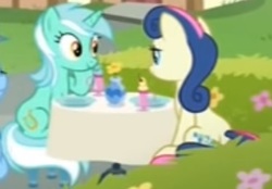 Size: 372x259 | Tagged: safe, screencap, bon bon, lyra heartstrings, sweetie drops, earth pony, pony, unicorn, g4, the end in friend, cropped, female, mare, smiling, stool, table