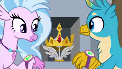 Size: 1920x1080 | Tagged: safe, screencap, aurora (g4), gallus, king grover, silverstream, yickslur, griffon, hippogriff, a matter of principals, g4, amulet, amulet of aurora, animated, bust, checkmate, crown, crown of grover, helm of yickslur, helmet, jewelry, painting, portrait, regalia, shipping fuel, sound, webm, wings
