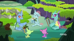 Size: 1920x1080 | Tagged: safe, screencap, axilla, carapace (g4), lumbar, ocellus, spiracle, changedling, changeling, nymph, g4, the hearth's warming club, baby changedling, family, literal, ocellus' family, present