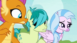 Size: 1920x1080 | Tagged: safe, screencap, gallus, ocellus, sandbar, silverstream, smolder, yona, changedling, changeling, classical hippogriff, dragon, earth pony, griffon, hippogriff, pony, yak, g4, non-compete clause, animated, bow, cloven hooves, dragoness, female, hair bow, jewelry, male, monkey swings, necklace, paws, sound, student six, teenager, webm