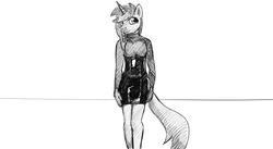 Size: 1280x703 | Tagged: safe, artist:warskunk, oc, oc only, oc:disty, unicorn, anthro, clothes, crossdressing, dress, latex, looking at you, male, smiling, solo