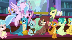Size: 1920x1080 | Tagged: safe, screencap, auburn vision, berry blend, berry bliss, citrine spark, cozy glow, fire quacker, gallus, huckleberry, ocellus, sandbar, silverstream, smolder, twilight sparkle, yona, changedling, changeling, classical hippogriff, dragon, earth pony, griffon, hippogriff, pegasus, pony, yak, a matter of principals, g4, animated, asking, bow, cloven hooves, crossed arms, cute, diastreamies, dragoness, excited, female, filly, flying, friendship student, hair bow, happy, irrational exuberance, jewelry, male, monkey swings, necklace, smiling, sound, stallion, student six, teenager, webm