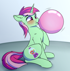 Size: 1734x1754 | Tagged: safe, artist:whyena, minty bubblegum, pony, unicorn, g4, blowing, bubblegum, female, food, gum, inflating, out of breath, raised hoof, simple background, sitting, solo, sweat