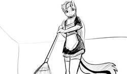 Size: 1280x752 | Tagged: safe, artist:warskunk, oc, oc:cold front, broom, choker, clothes, crossdressing, dress, looking at you, maid, smiling, stockings, thigh highs
