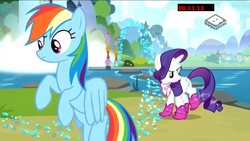 Size: 1136x640 | Tagged: safe, screencap, rainbow dash, rarity, pegasus, pony, unicorn, g4, the end in friend, azurantium, boots, duo, female, flying, glitter boots, mare, neckerchief, river, shoes, sparkles