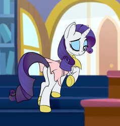 Size: 1699x1787 | Tagged: safe, artist:lunebat, rarity, pony, unicorn, g4, the end in friend, butt, camping outfit, clothes, dress, eyeshadow, female, makeup, mare, one eye closed, plot, raised eyebrow, raised hoof, solo, wink