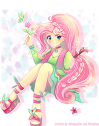 Size: 791x1011 | Tagged: safe, artist:shimayaeiko, artist:whiskyice, fluttershy, butterfly, equestria girls, friendship through the ages, g4, 60s, beautiful, blushing, braid, clothes, collaboration, cute, female, flower, folk fluttershy, high heels, jewelry, looking at you, necklace, ribbon, sandals, shoes, shyabetes, sitting, skirt, smiling, solo