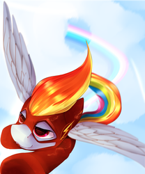 Size: 2500x3000 | Tagged: safe, artist:chapaevv, rainbow dash, pony, g4, clothes, cloud, costume, crossover, female, flying, high res, rainbow, solo, superhero, superhero costume, the flash