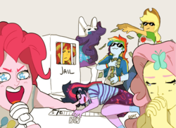 Size: 1000x723 | Tagged: safe, artist:kittycoot, applejack, fluttershy, pinkie pie, rainbow dash, rarity, sci-twi, sunset shimmer, twilight sparkle, equestria girls, g4, my little pony equestria girls: better together, cardboard prison, clothes, draw the squad, female, jail, mane six, meme, microphone, money, monopoly, sunglasses