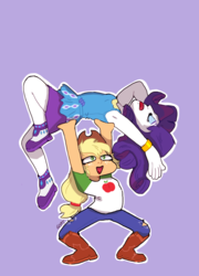 Size: 800x1109 | Tagged: safe, artist:kittycoot, applejack, rarity, equestria girls, equestria girls series, g4, armpits, boots, clothes, cowboy boots, cowboy hat, cute, draw the squad, duo, female, hat, jeans, lesbian, pants, purple background, ship:rarijack, shipping, shoes, simple background, skirt