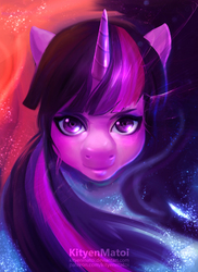 Size: 837x1149 | Tagged: safe, artist:kityenmatoi, twilight sparkle, pony, g4, female, looking at you, solo, space, stars