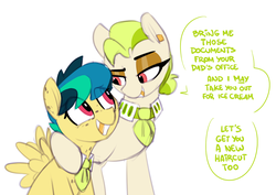 Size: 1425x1011 | Tagged: safe, artist:shinodage, oc, oc only, oc:apogee, oc:golden keylime, earth pony, pegasus, pony, apprentice, duo, duo female, female, filly, gold tooth, looking at each other, mare, necktie, simple background, smiling, white background