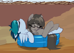 Size: 1858x1327 | Tagged: safe, artist:shinodage, oc, oc only, oc:delta vee, oc:trash, earth pony, pegasus, pony, duo, duo female, eyes closed, female, inflatable pool, mare, swimming pool