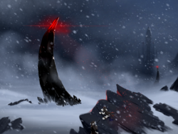 Size: 2048x1536 | Tagged: safe, artist:qzygugu, blizzard, brotherhood of nod, clothes, crystal empire, duo, epic, male, obelisk of light, snow, snowfall, spear, stallion, weapon