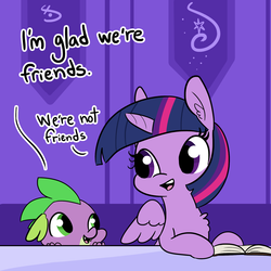 Size: 1650x1650 | Tagged: safe, artist:tjpones, spike, twilight sparkle, alicorn, dragon, pony, g4, book, dialogue, female, male, mare, open mouth, out of character, twilight sparkle (alicorn)