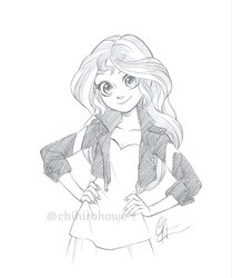Size: 1710x2046 | Tagged: safe, artist:chihirohowe, sunset shimmer, equestria girls, g4, cute, female, grayscale, hand on hip, looking at you, monochrome, pencil drawing, shimmerbetes, simple background, solo, traditional art, white background