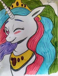 Size: 1280x1672 | Tagged: safe, artist:missmayaleanne, princess celestia, g4, blush sticker, blushing, cute, cutelestia, one eye closed, traditional art, wink