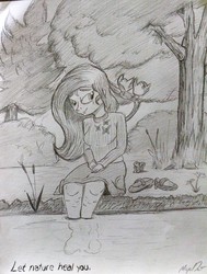 Size: 1280x1695 | Tagged: safe, artist:missmayaleanne, fluttershy, bird, equestria girls, g4, cutie mark on clothes, female, forest, monochrome, pencil drawing, river, solo, traditional art, tree