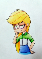 Size: 1819x2574 | Tagged: safe, artist:mustachedbain, applejack, equestria girls, g4, atg 2018, bags under eyes, clothes, exhausted, female, freckles, human coloration, looking at you, newbie artist training grounds, solo, traditional art