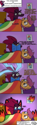 Size: 1585x5270 | Tagged: safe, artist:artiks, scootaloo, tempest shadow, comic:snarflegrr angerpone, g4, bed, crying, fire, magic, rainbow dash poster