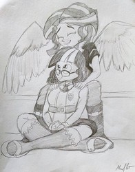 Size: 1280x1630 | Tagged: safe, artist:missmayaleanne, sci-twi, sunset shimmer, twilight sparkle, angel, equestria girls, g4, angelic wings, clothes, crystal prep academy uniform, cute, eyes closed, female, freckles, happy, lesbian, monochrome, pencil drawing, peppered bacon, school uniform, shimmerbetes, ship:sci-twishimmer, ship:sunsetsparkle, shipping, smiling, traditional art, twiabetes, wings