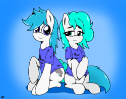 Size: 3234x2550 | Tagged: safe, alternate version, artist:takaneko13, oc, oc only, oc:flurrystratos, oc:snowystratos, pegasus, pony, clothes, cute, female, high res, male, mare, mother and son, shirt, sitting, stallion