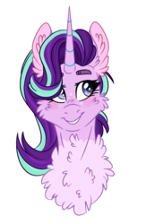 Size: 730x1119 | Tagged: safe, artist:wanderingpegasus, starlight glimmer, pony, unicorn, g4, bust, cheek fluff, chest fluff, cute, ear fluff, female, mare, simple background, smiling, solo, white background