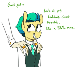 Size: 551x488 | Tagged: safe, artist:redxbacon, oc, oc only, oc:apogee, oc:golden keylime, anthro, clothes, female, necktie, ring, simple background, smiling, talking, white background