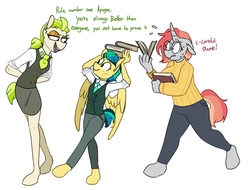Size: 1149x874 | Tagged: safe, artist:redxbacon, oc, oc only, oc:apogee, oc:golden keylime, oc:scribble snug, changeling, pegasus, anthro, book, changeling oc, clothes, disguise, disguised changeling, female, floppy ears, glasses, gold tooth, necktie, simple background, sweater, talking, trio, trio female, white background
