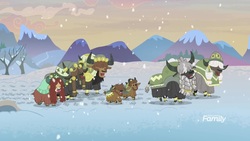 Size: 1920x1080 | Tagged: safe, screencap, yona, yona's dad, yona's mom, yak, the hearth's warming club, calf, cloven hooves, female, horn ring, male, mountain, mountain range, snilldarfest, snow, tree, winter, yak calf, yona's family
