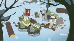Size: 1920x1080 | Tagged: safe, screencap, yona, yona's mom, yak, the hearth's warming club, calf, cloven hooves, female, grin, happy, horn ring, log, male, smiling, snilldarfest, snow, tree, winter, yak calf, yona's family