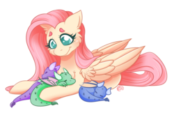 Size: 1024x676 | Tagged: safe, artist:erkythehero23, fluttershy, dragon, pegasus, pony, g4, baby, baby dragon, cheek fluff, chest fluff, cute, female, folded wings, looking at something, looking down, mare, prone, simple background, smiling, transparent background