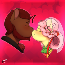 Size: 4000x4000 | Tagged: safe, artist:mr.smile, fluttershy, oc, oc:boulder, pony, g4, alternate hairstyle, bouldshy, bust, canon x oc, crying, eyes closed, kissing, marriage, neckbeard, profile, tears of joy