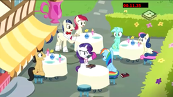 Size: 1136x640 | Tagged: safe, screencap, bon bon, lyra heartstrings, rainbow dash, rarity, roseluck, sweetie drops, earth pony, pegasus, pony, unicorn, g4, my little pony: friendship is magic, the end in friend, boots, cafe, cherr, female, glitter boots, male, mare, neckerchief, restaurant, shoes, stallion, waiter