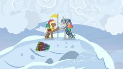 Size: 1920x1080 | Tagged: safe, screencap, mochaccino, rare find, star swirl the bearded, pony, unicorn, friendship university, g4, duo, flag, hoofbump, luggage, male, mountain, snow, stallion